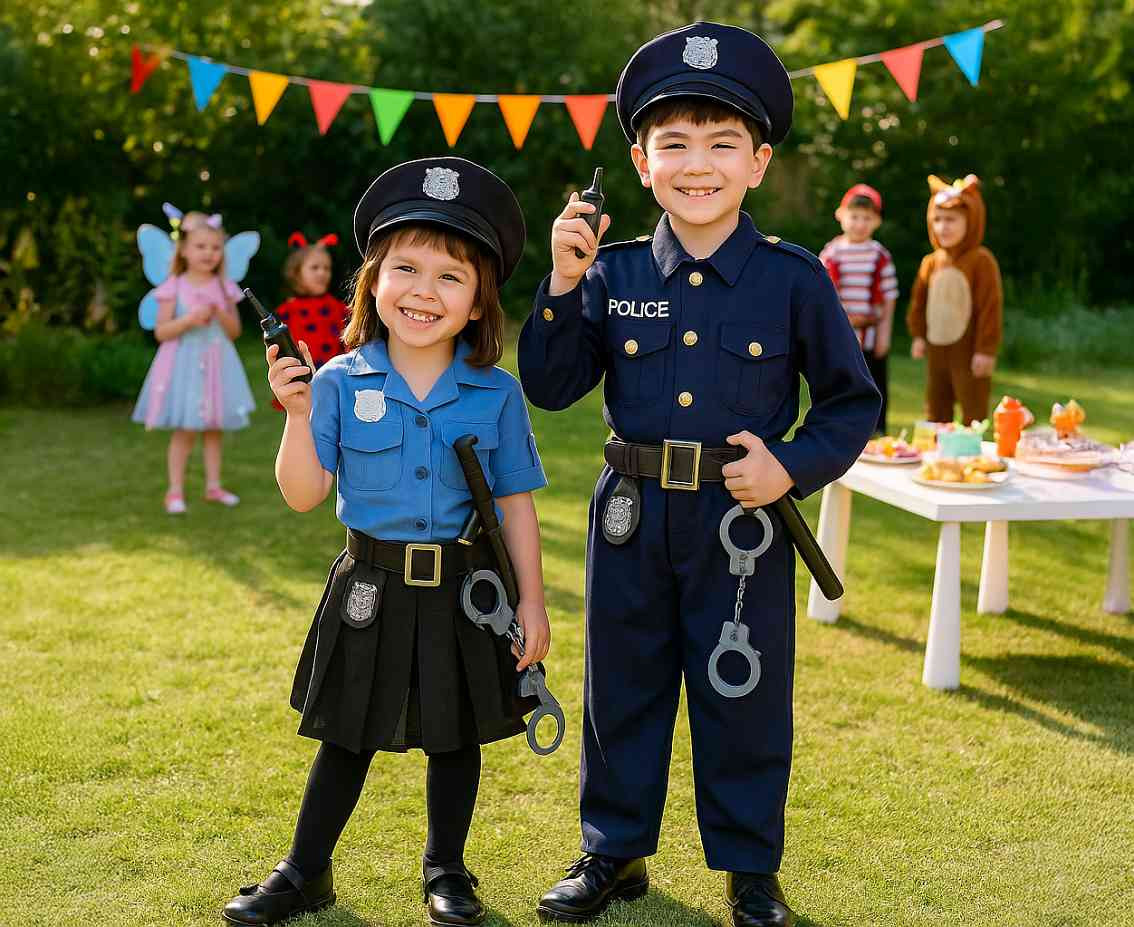 Role play-set for kids Blue Policewoman (shirt, kirt, belt, cap, handcuffs, walkie talkie, baton), size 92/104 cm